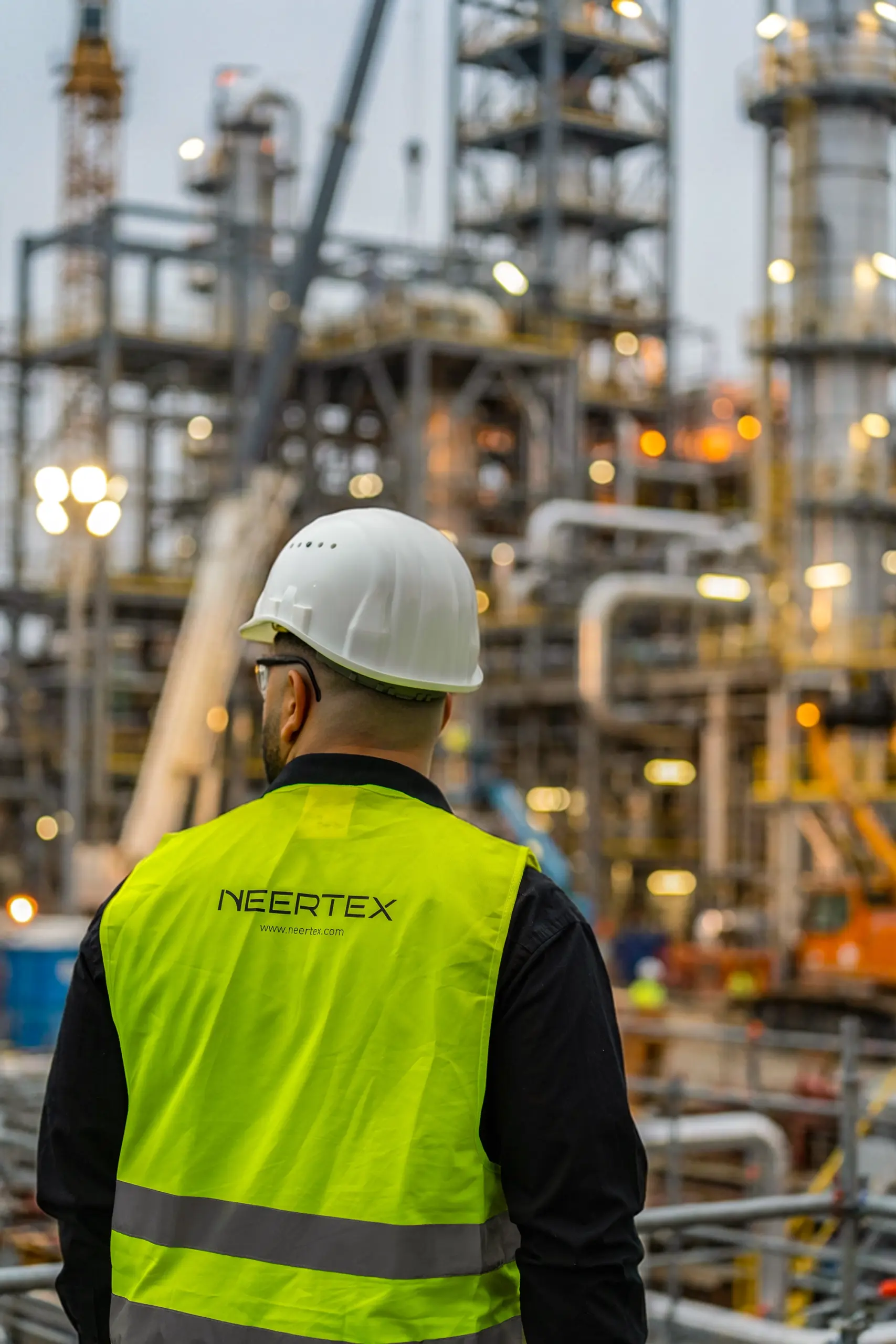 NEERTEX-Ingenieur mit Schutzhelm und Warnweste vor einer Industrieanlage